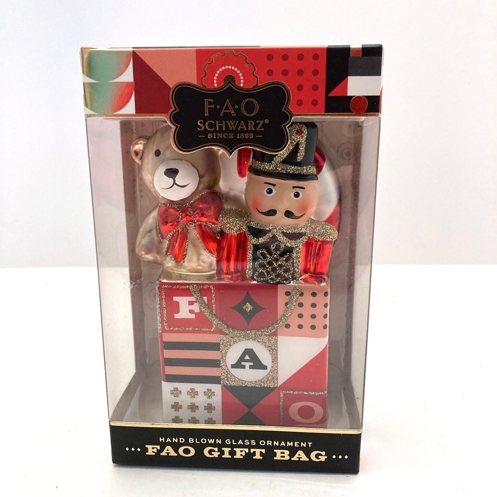 FAO SCHWARZ Ornament Gift Bag Nutcracker Soldier‎ Bear Christmas Tree Glass NIB